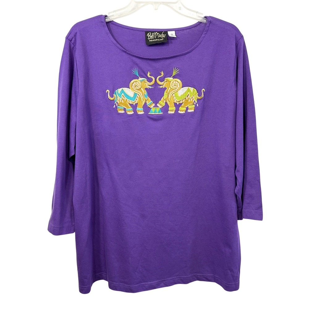 Bob Mackie Plus Size 1X Top Wearable Art Purple Embroidered Elephants Cotton 627